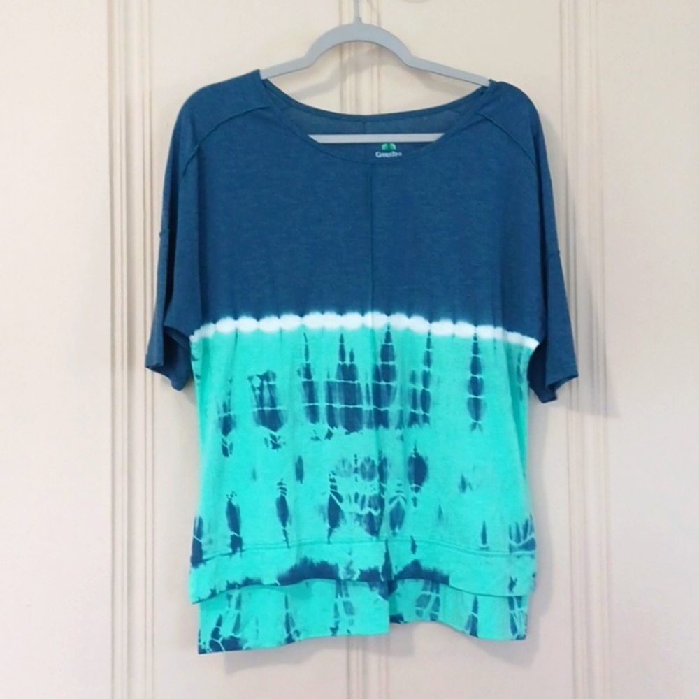 Green Tea🍃Aqua/Blu/White Tie Dyed, Short Dropped Sleeve  Oversized Top WS